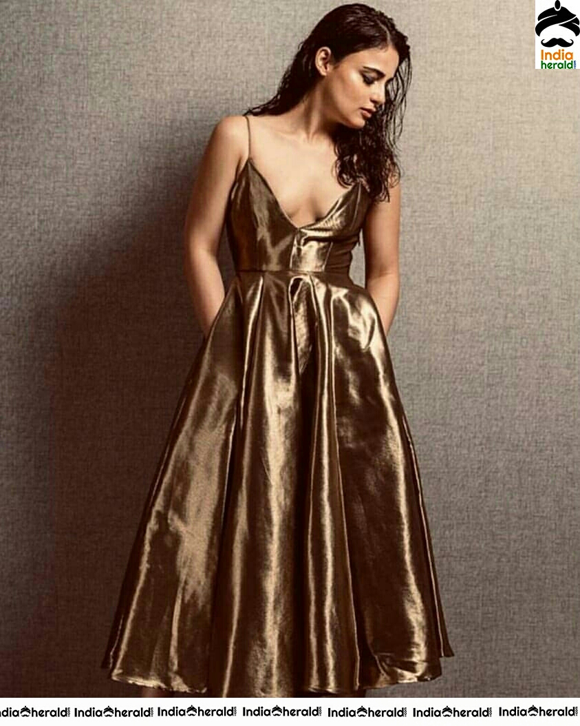Radhika Madan Super Cleavage Sexy Hot In Gold Sleeveless Frock Photoshoot