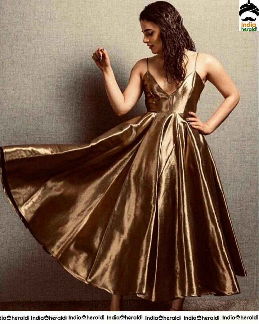 Radhika Madan Super Cleavage Sexy Hot In Gold Sleeveless Frock Photoshoot