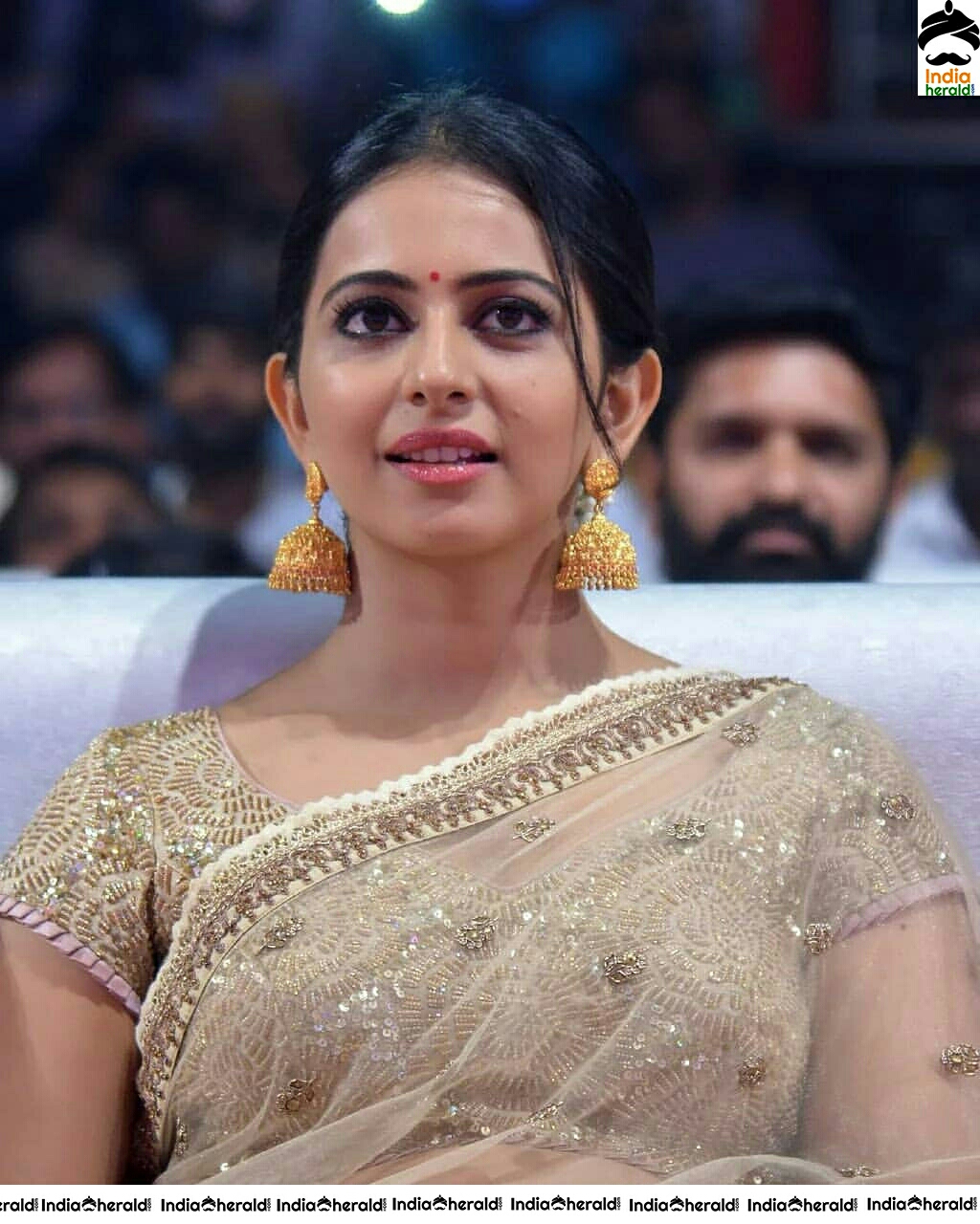 Rakul Preet Hot In Transparent Gold Net Saree