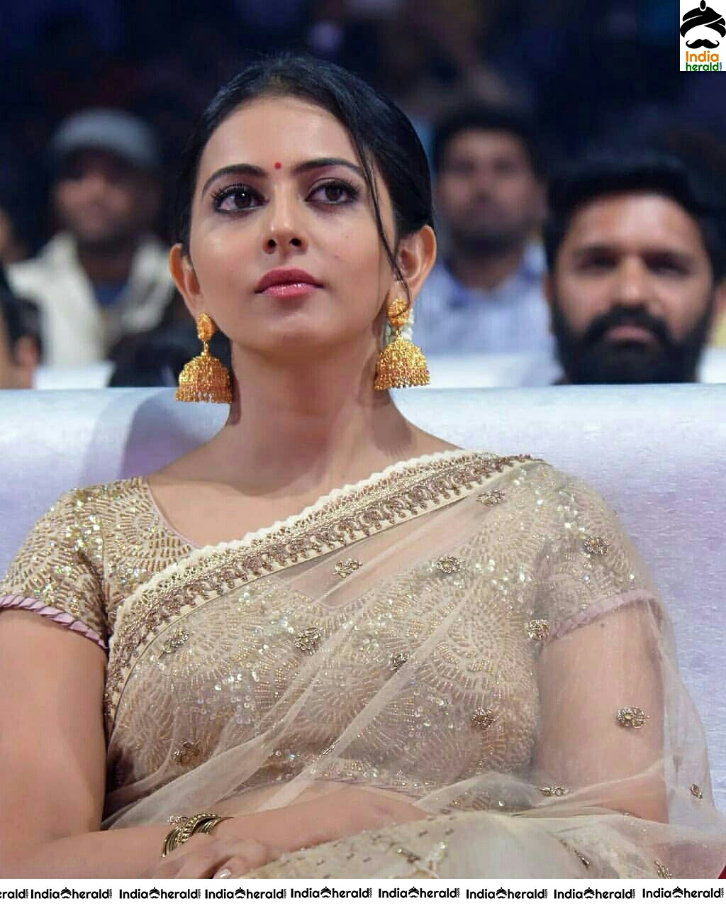 Rakul Preet Hot In Transparent Gold Net Saree