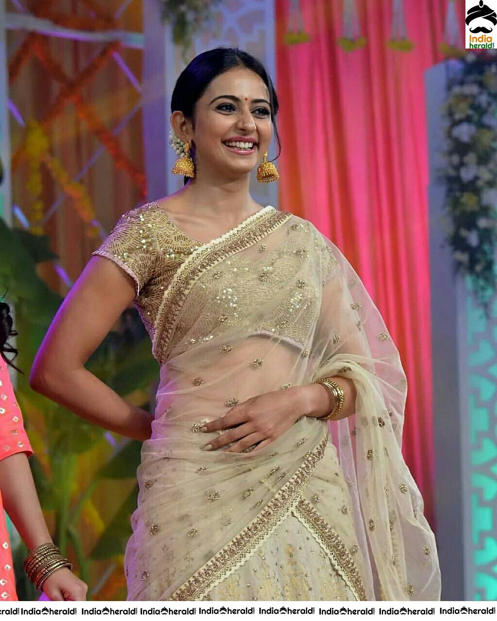 Rakul Preet Hot In Transparent Gold Net Saree