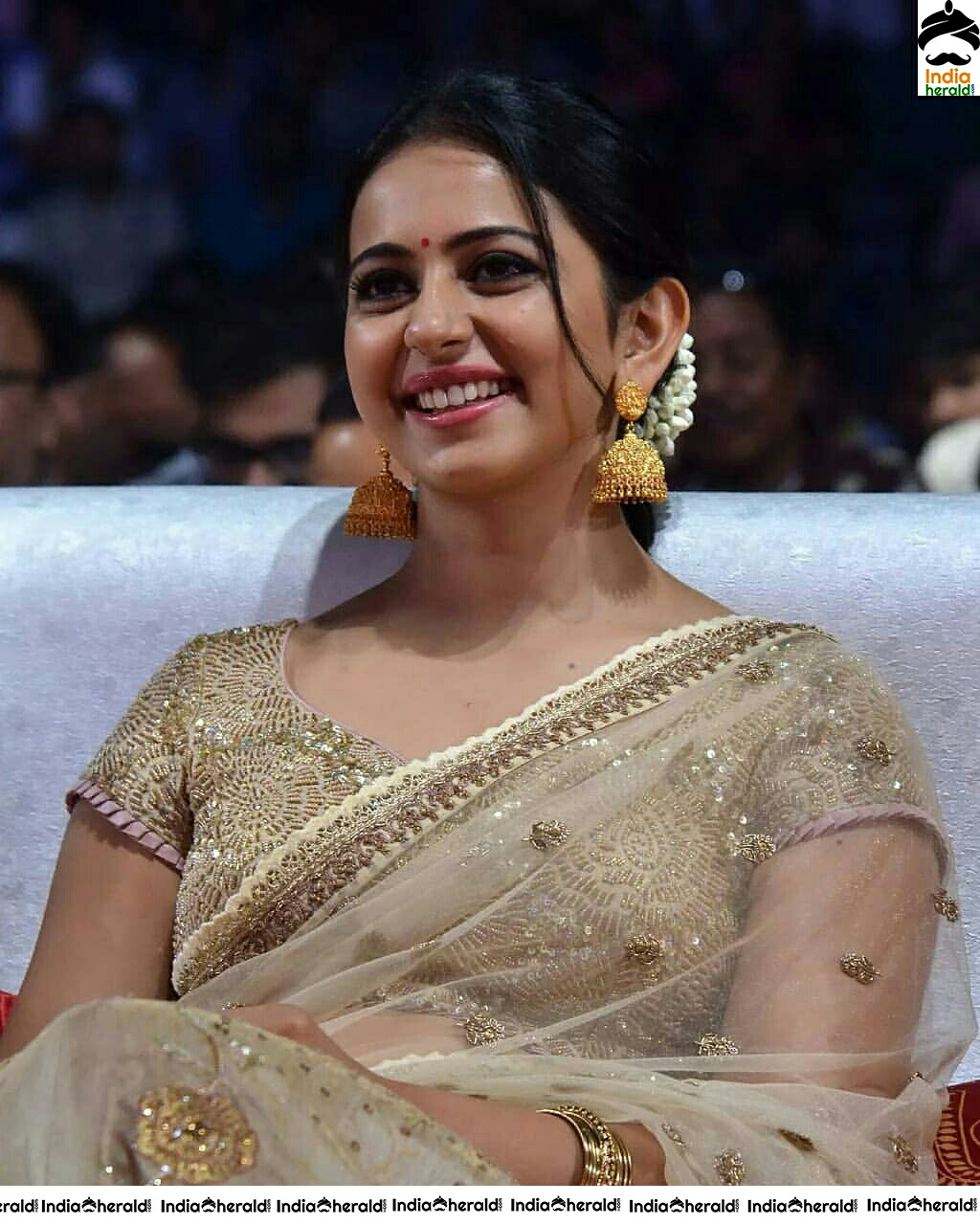 Rakul Preet Hot In Transparent Gold Net Saree