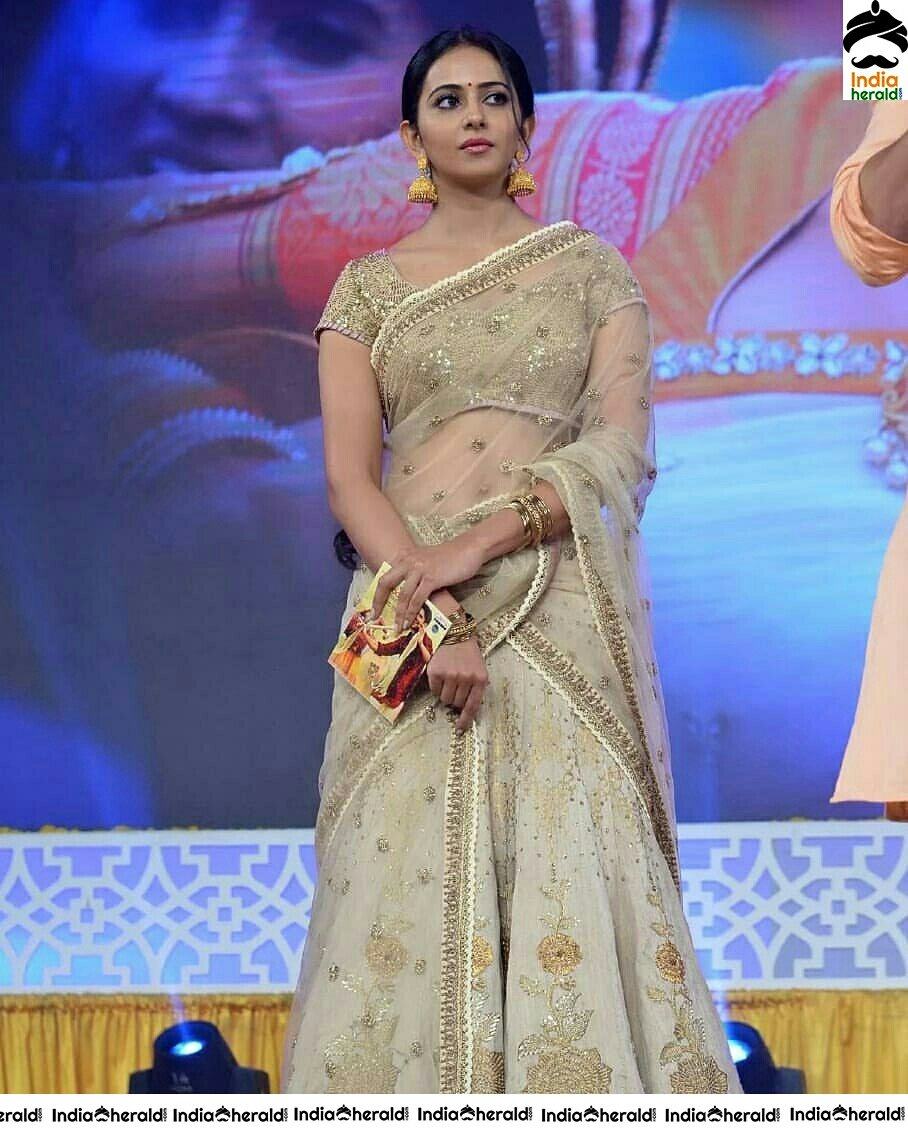 Rakul Preet Hot In Transparent Gold Net Saree