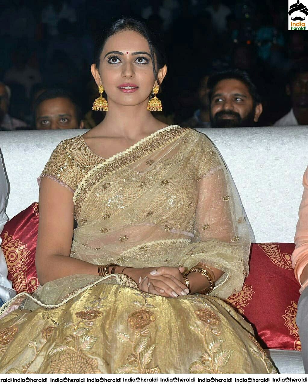 Rakul Preet Hot In Transparent Gold Net Saree