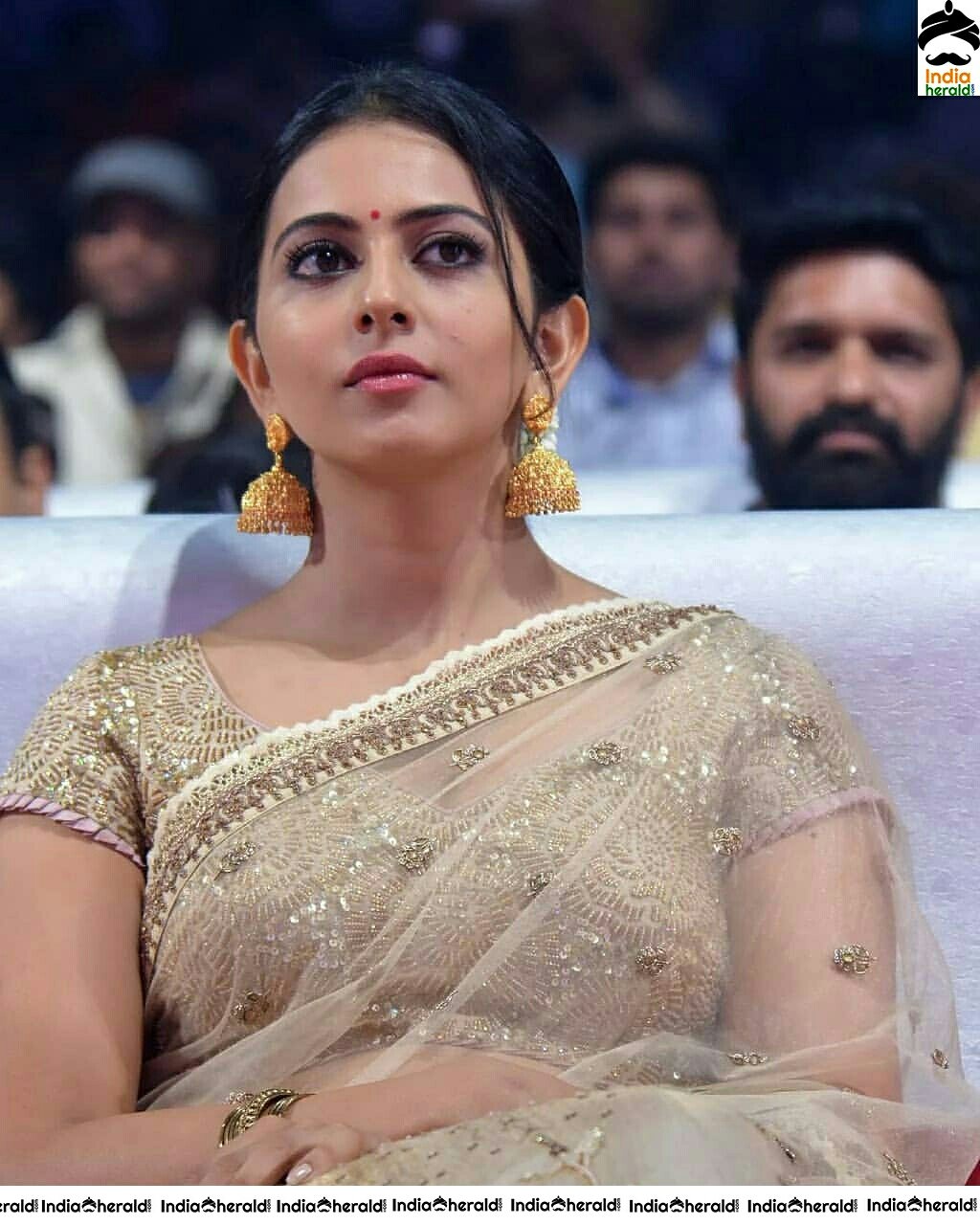 Rakul Preet Hot In Transparent Gold Net Saree