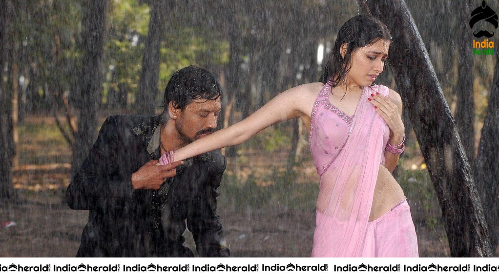 Rare Hot Photos of Tamannaah Saree Stripping and Enjoyed by Hero under Rain Set 3
