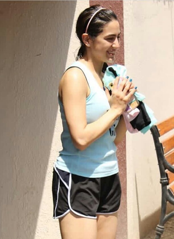 Sara Ali Khan In Blue Sleeveless Top And Sexy Shorts