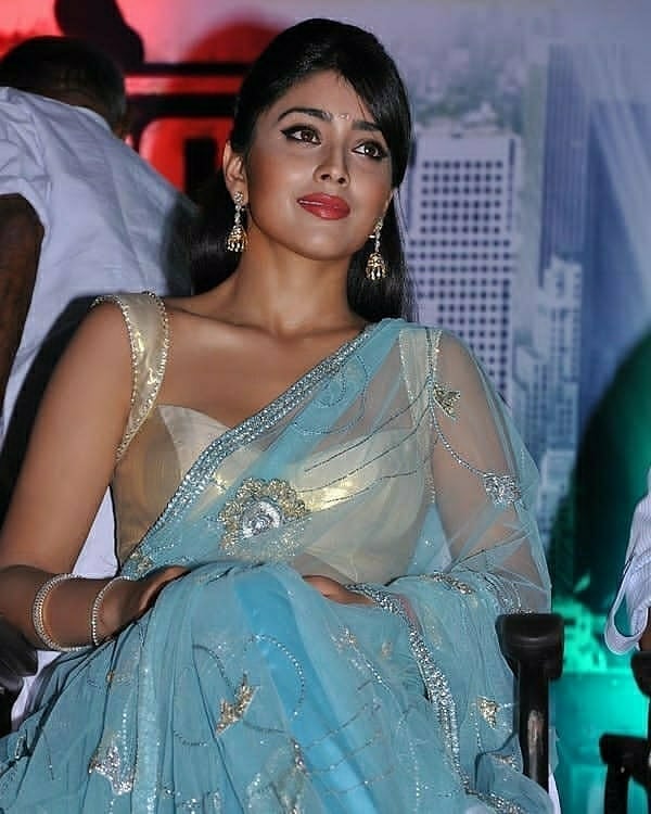 Shriya Hot In Blue Transparent Saree And Sleeveless Blouse