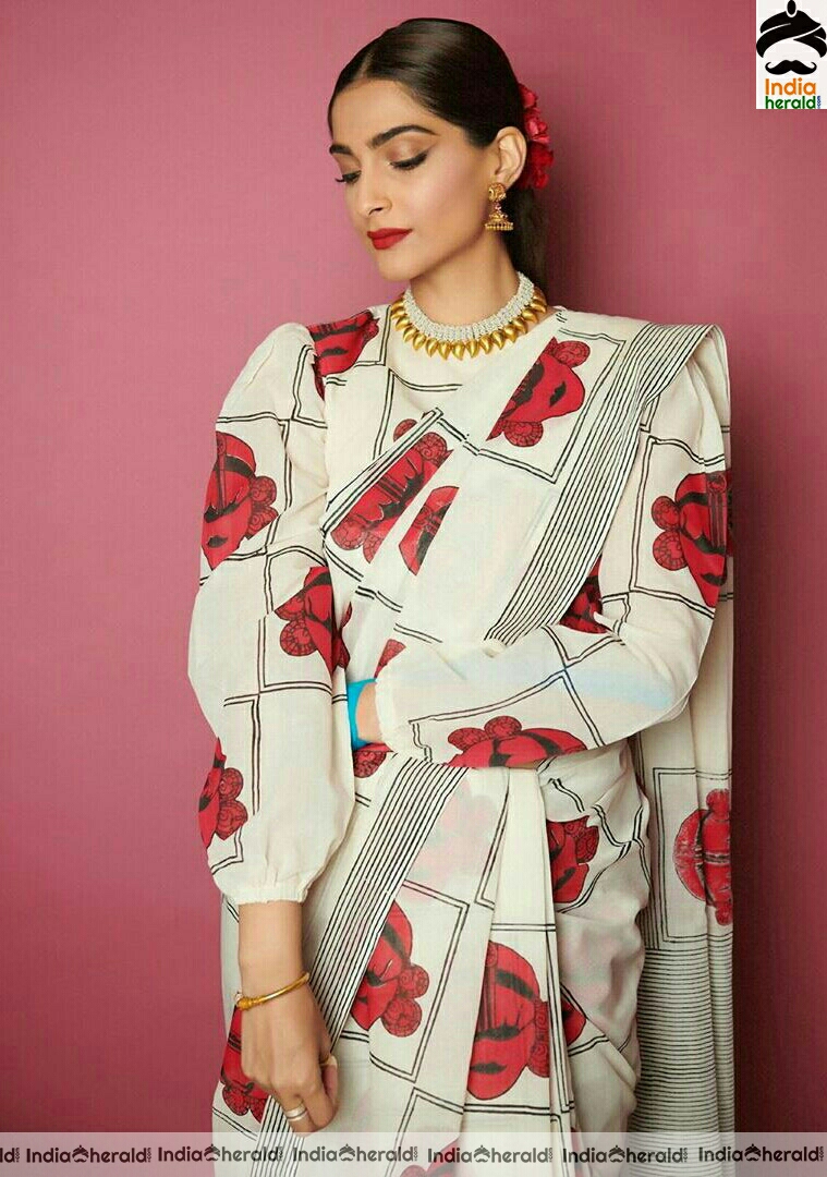 Sonam kapoor Latest White And Red Saree Stills