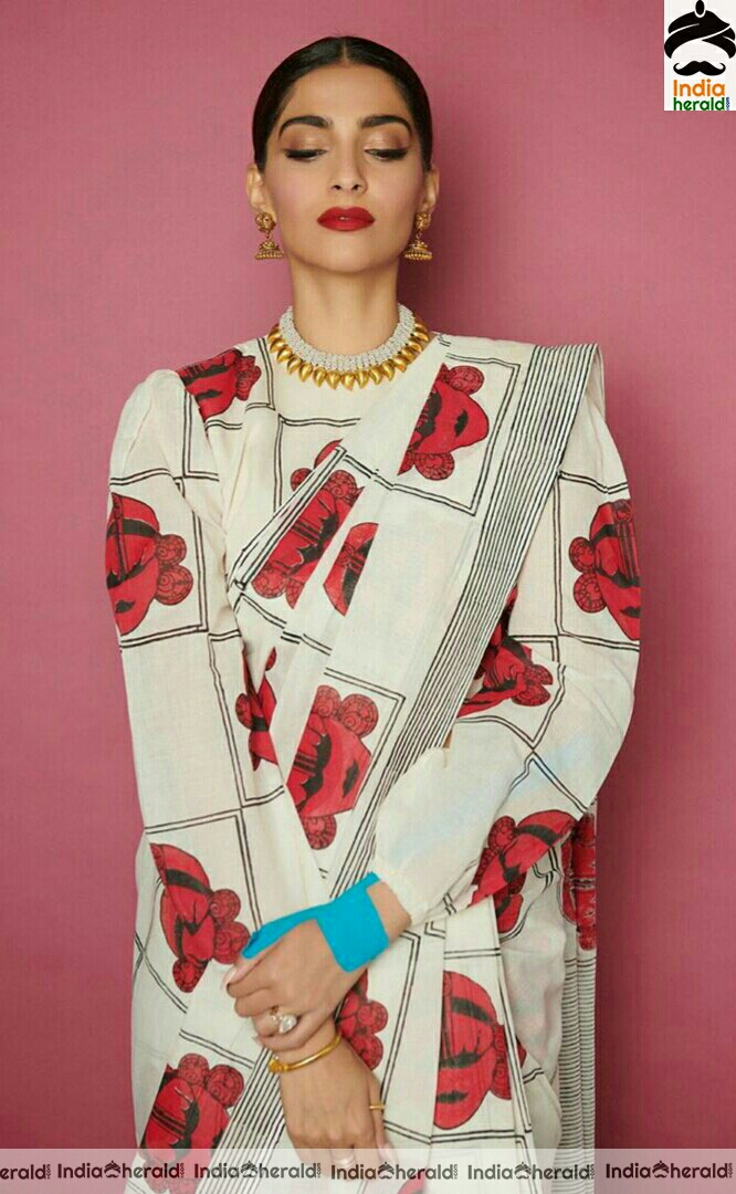 Sonam kapoor Latest White And Red Saree Stills