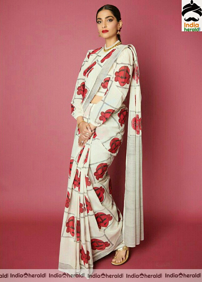 Sonam kapoor Latest White And Red Saree Stills