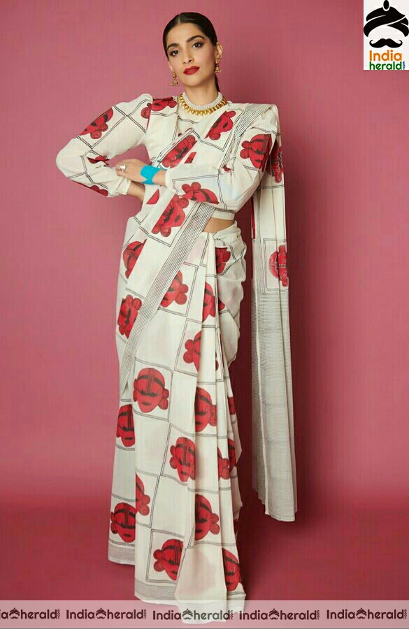 Sonam kapoor Latest White And Red Saree Stills