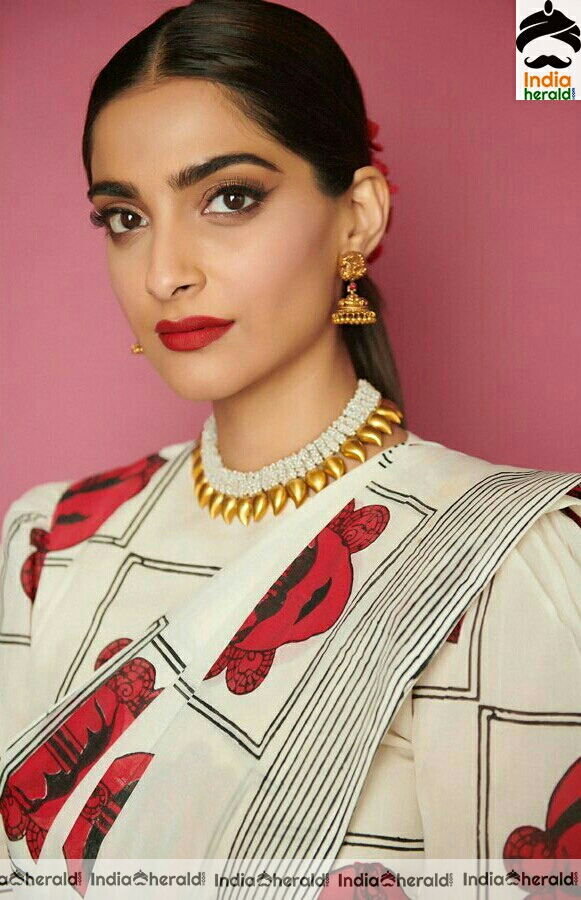 Sonam kapoor Latest White And Red Saree Stills