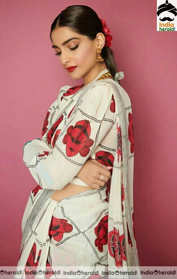 Sonam kapoor Latest White And Red Saree Stills