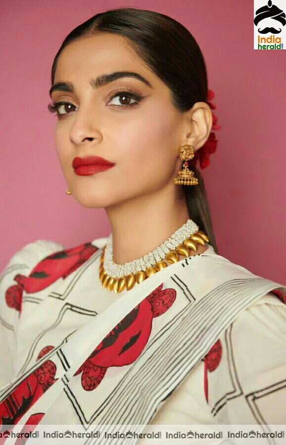 Sonam kapoor Latest White And Red Saree Stills