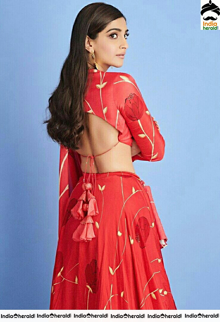 Sonam Kapoor Shows A Sexy Back In A Waist Line Revealing Red Colour Dress