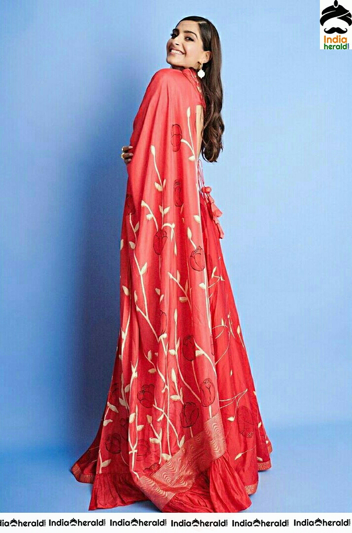 Sonam Kapoor Shows A Sexy Back In A Waist Line Revealing Red Colour Dress