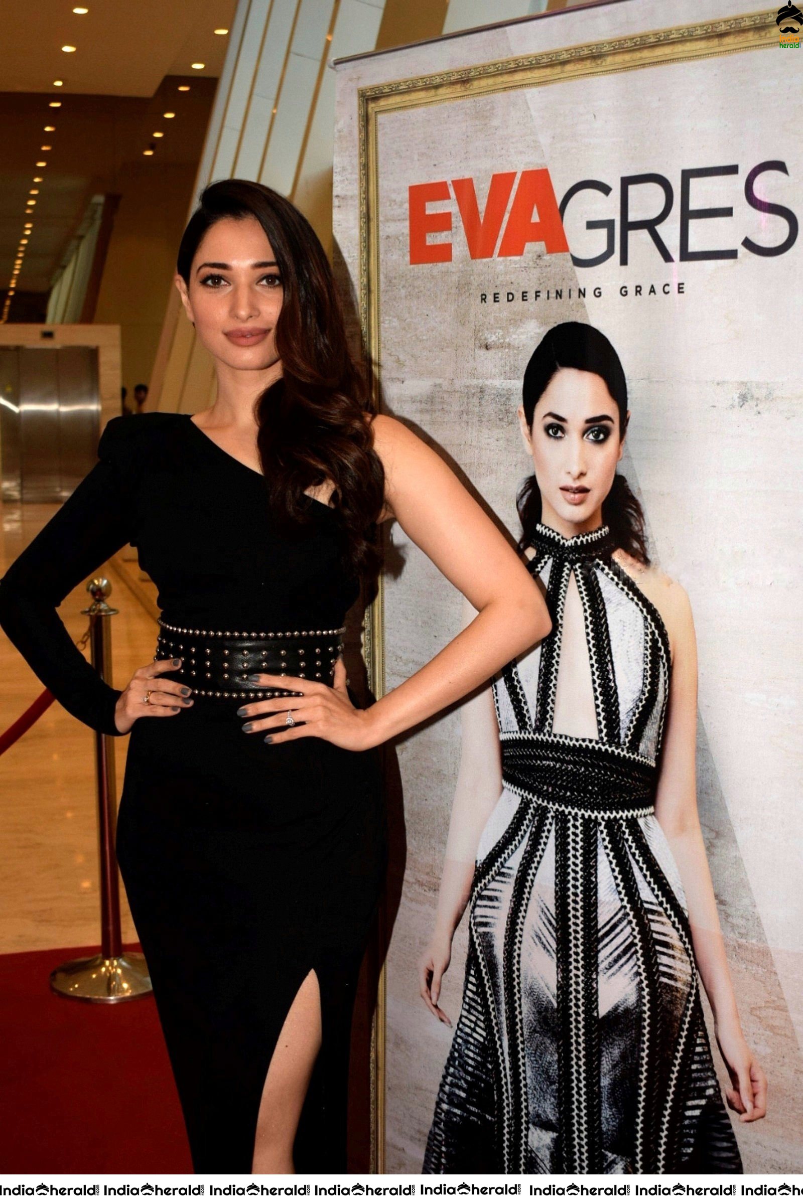 Tamannaah Exposes her Milky White Thundering Thighs in Black Thigh Slit Cut Dress Set 1