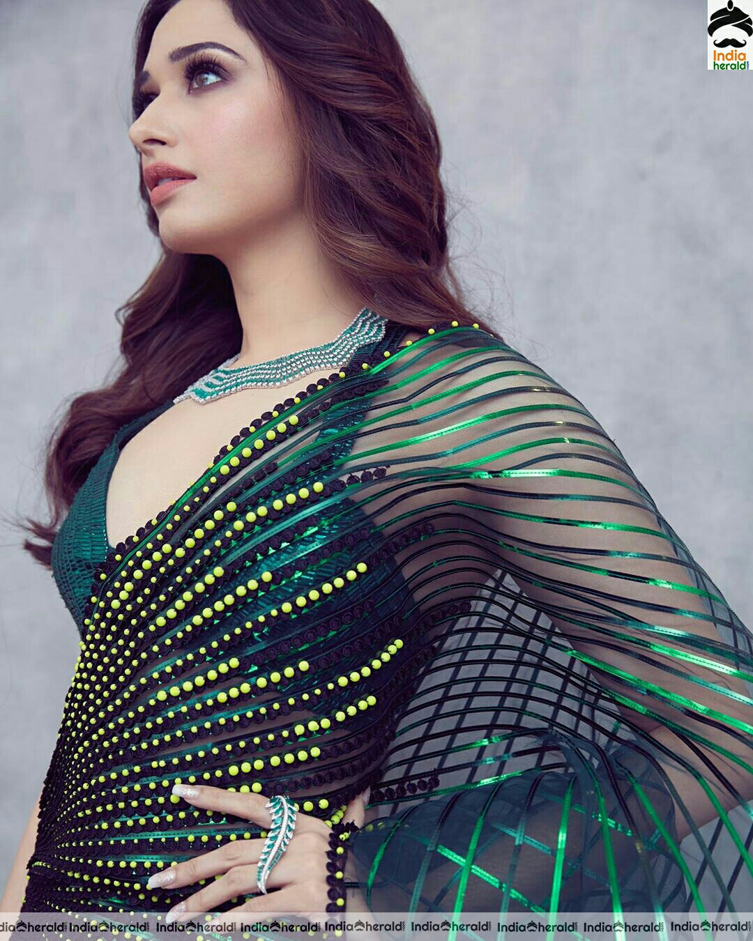 Tamannaah Hot Green Glitter Saree Stills