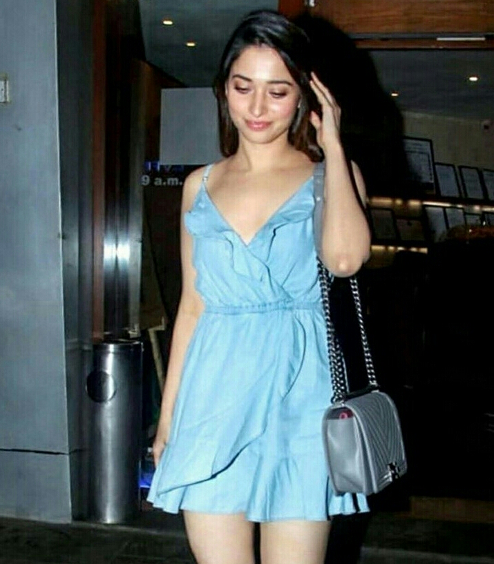 Tamannaah In A Short Blue Frock Exposing Her Milky White Thighs