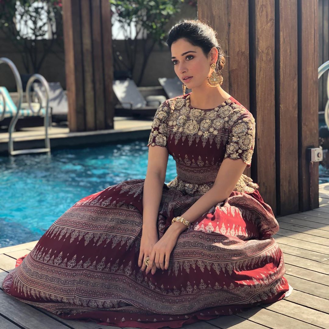 Tamannaah In Traditional Dress Near Swimming Pool