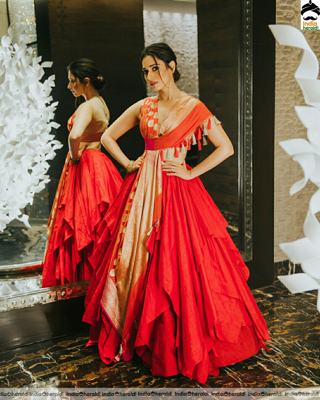 tamannaah Looking Gracious In Red Sleeveless Long Maxi