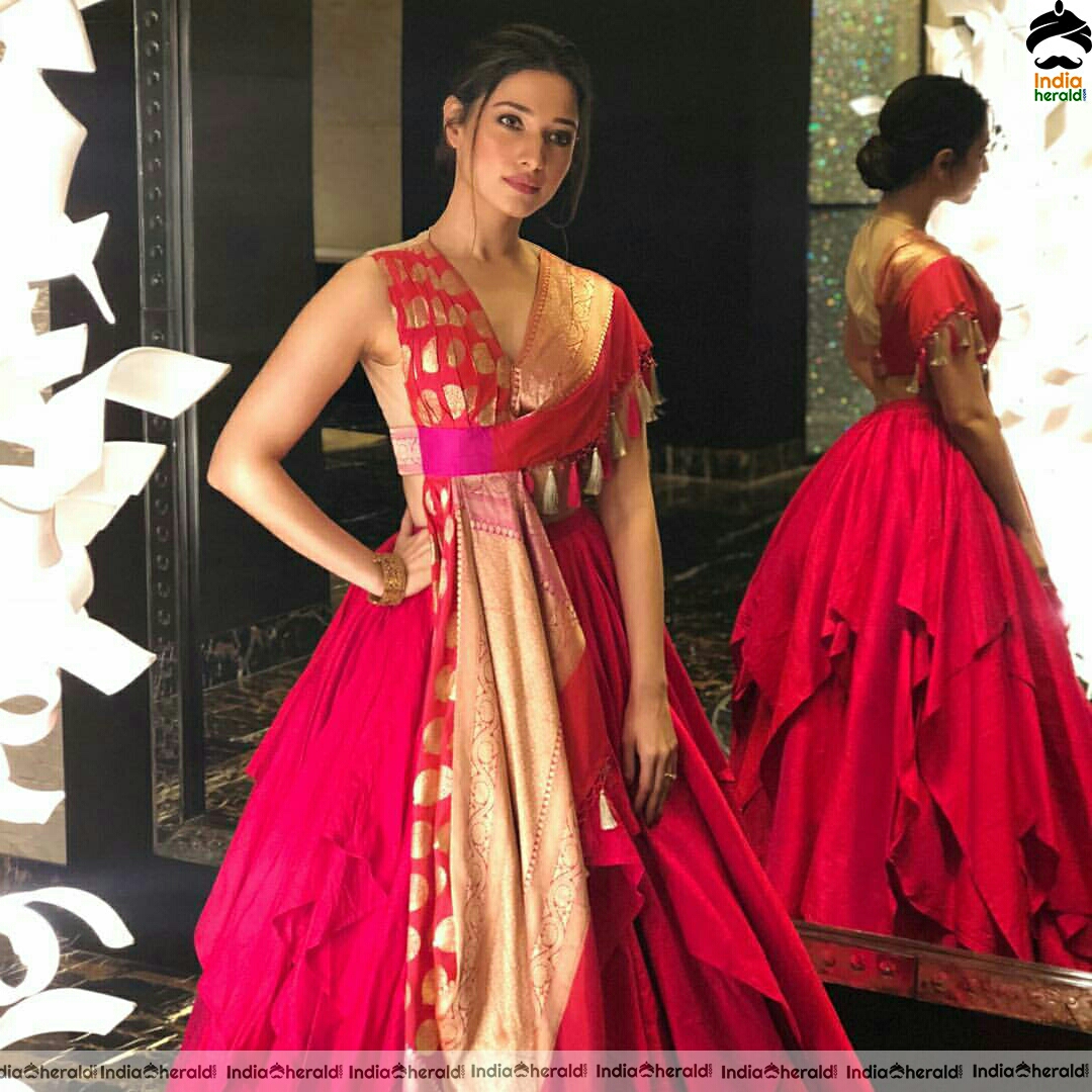 tamannaah Looking Gracious In Red Sleeveless Long Maxi