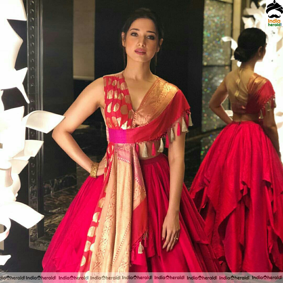 tamannaah Looking Gracious In Red Sleeveless Long Maxi