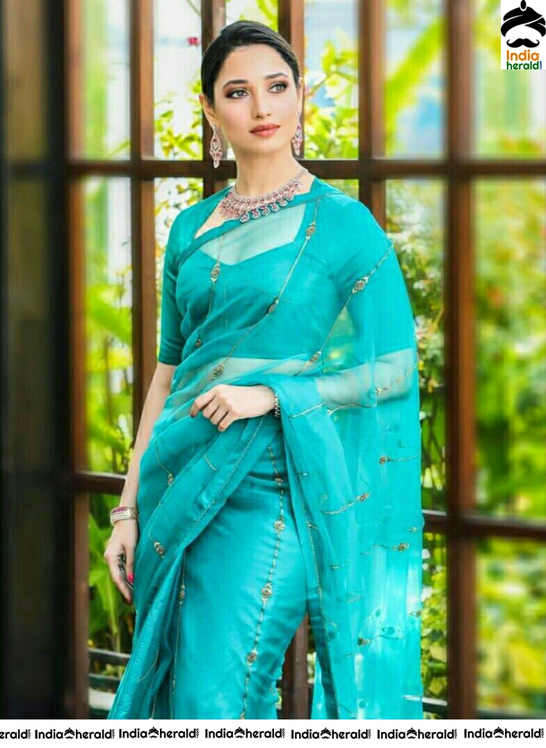 Tamannaah Looks So Cute In Light Blue Transparent Saree