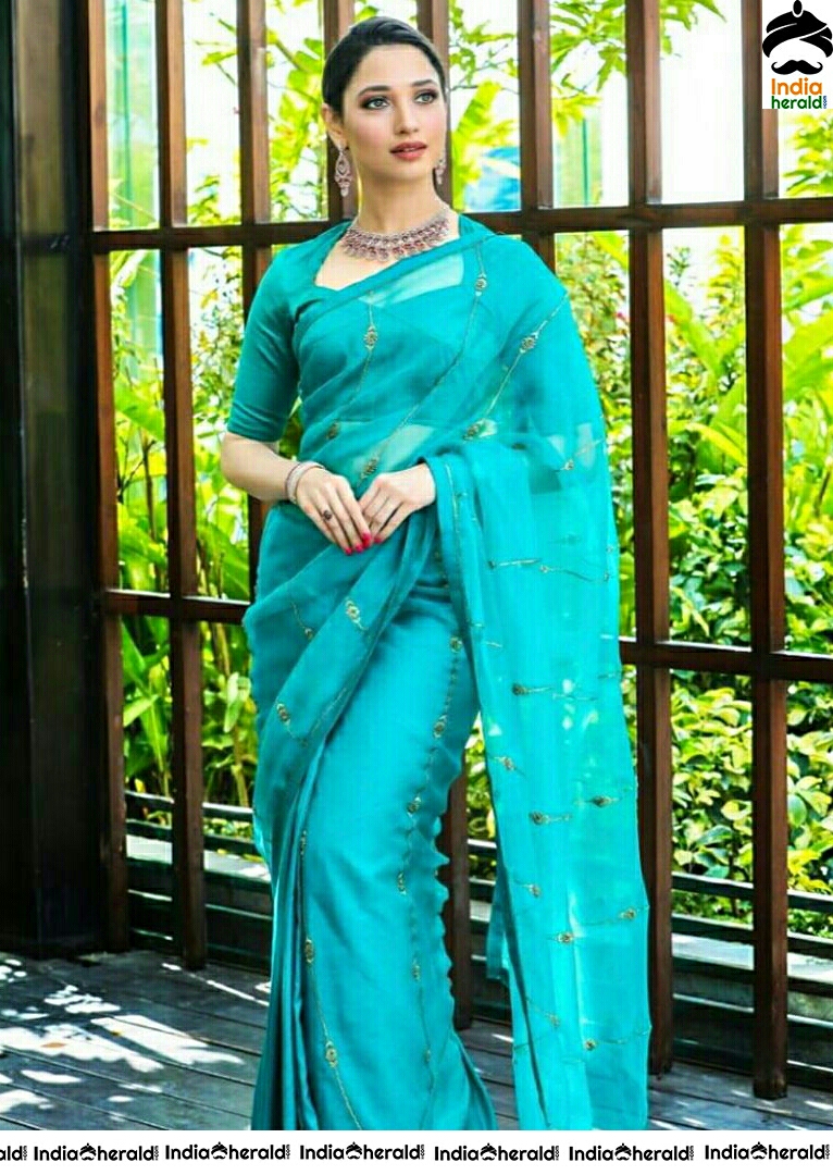 Tamannaah Looks So Cute In Light Blue Transparent Saree