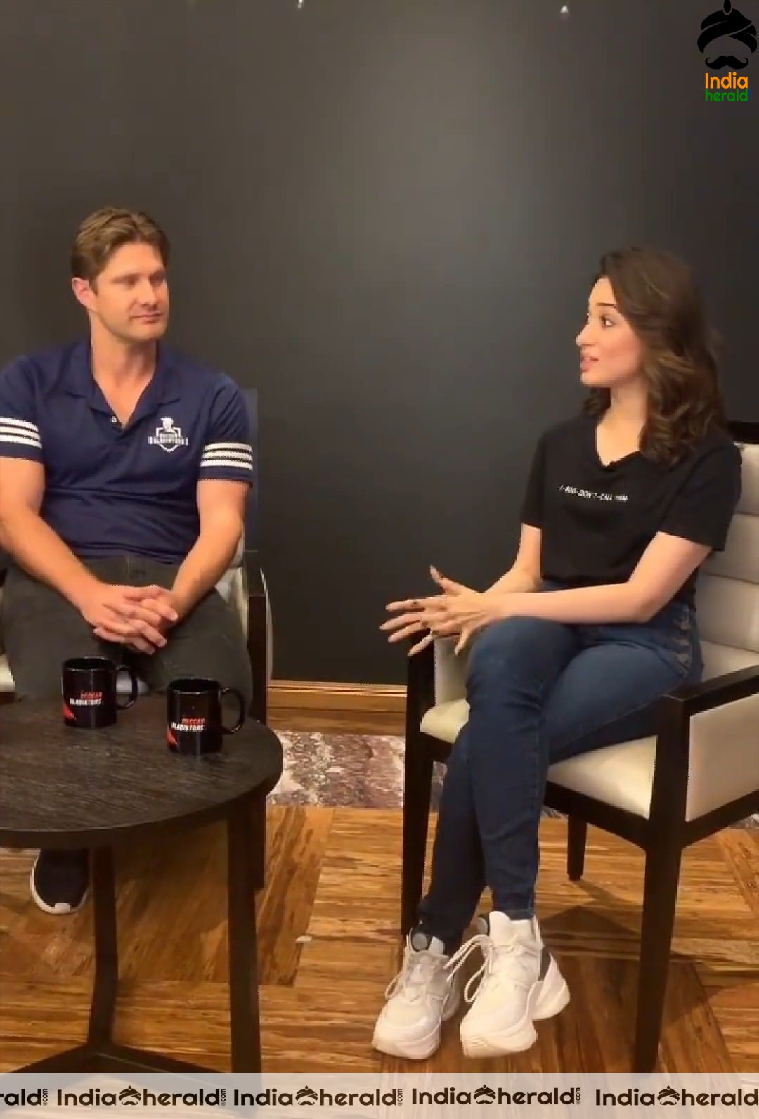 Tamannaah with Shane Watson and Ben Cutting from the promotional event of Deccan Gladiators team