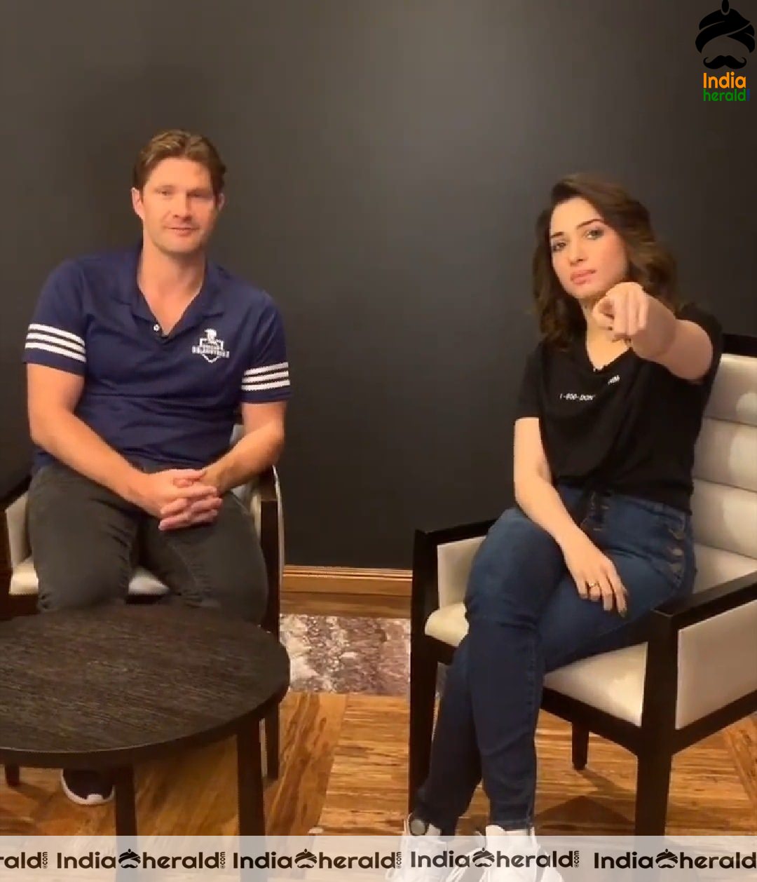 Tamannaah with Shane Watson and Ben Cutting from the promotional event of Deccan Gladiators team