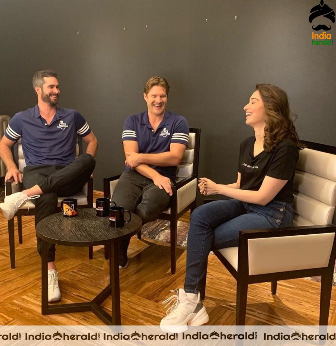 Tamannaah with Shane Watson and Ben Cutting from the promotional event of Deccan Gladiators team