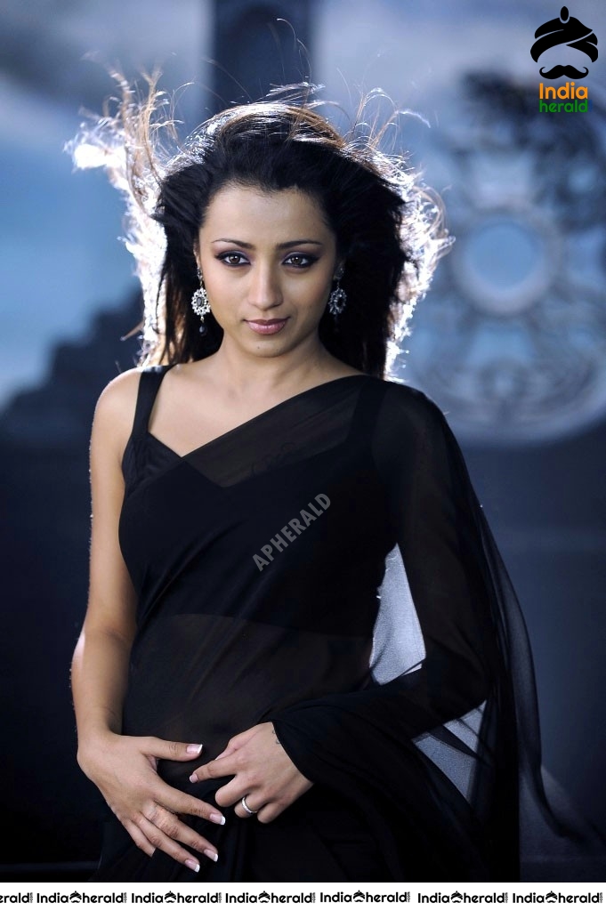 Trisha Hot Stills in Black Transparent Saree Set 1