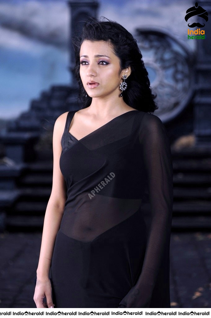 Trisha Hot Stills in Black Transparent Saree Set 1