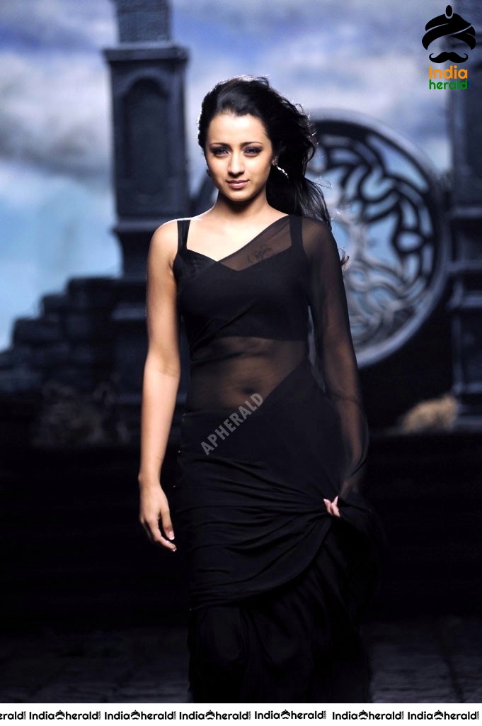 Trisha Hot Stills in Black Transparent Saree Set 1