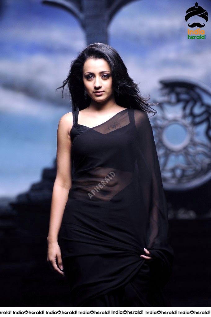 Trisha Hot Stills in Black Transparent Saree Set 1