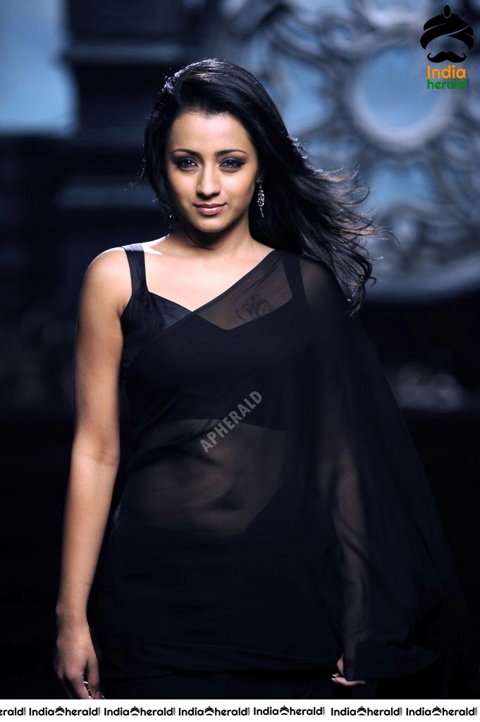 Trisha Hot Stills In Black Transparent Saree Set 2