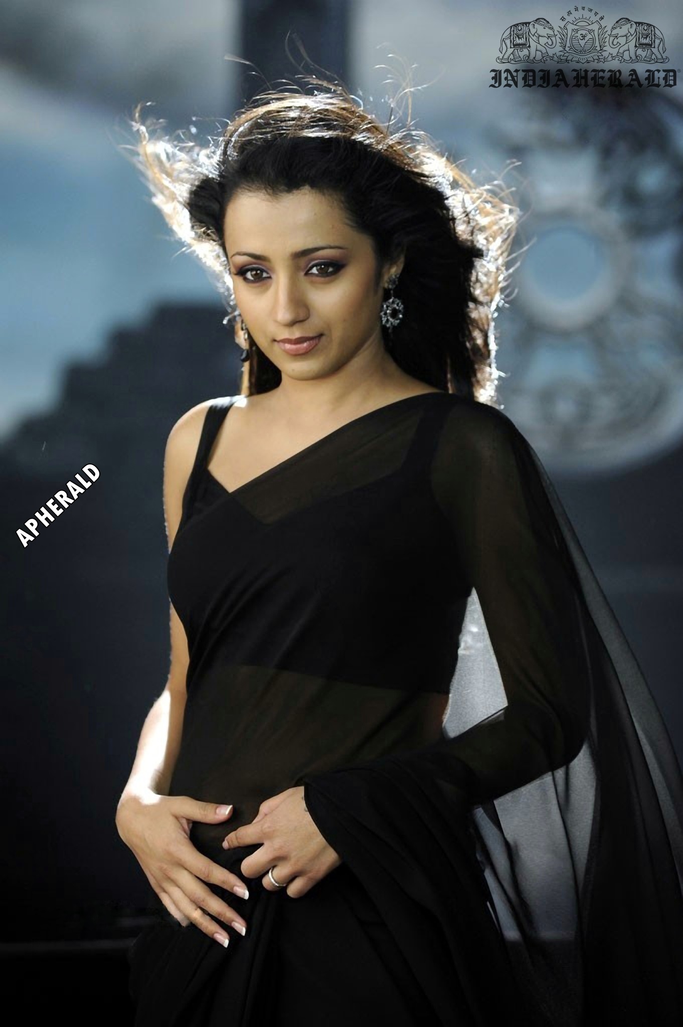 Trisha tempts our mood by exposing her navel and waist in Black transparent saree