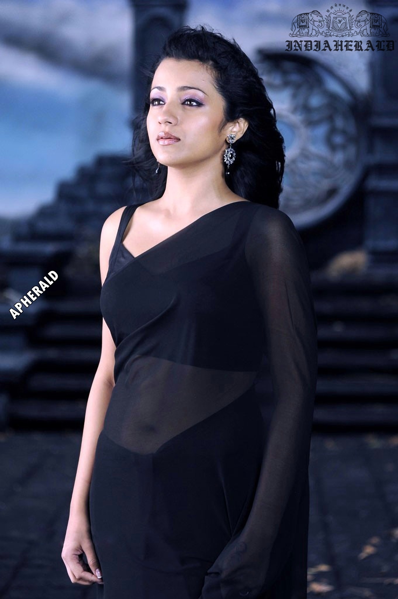 Trisha tempts our mood by exposing her navel and waist in Black transparent saree