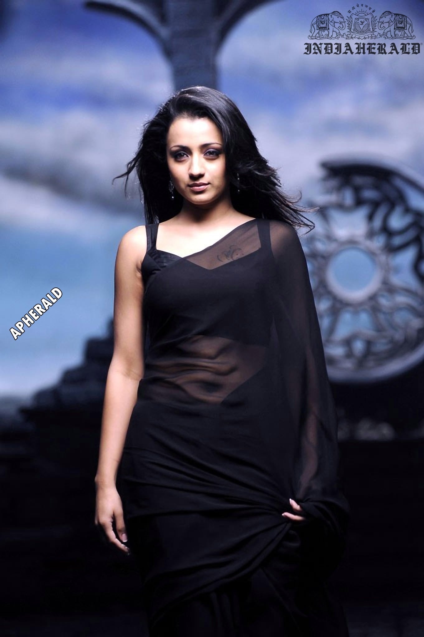 Trisha tempts our mood by exposing her navel and waist in Black transparent saree