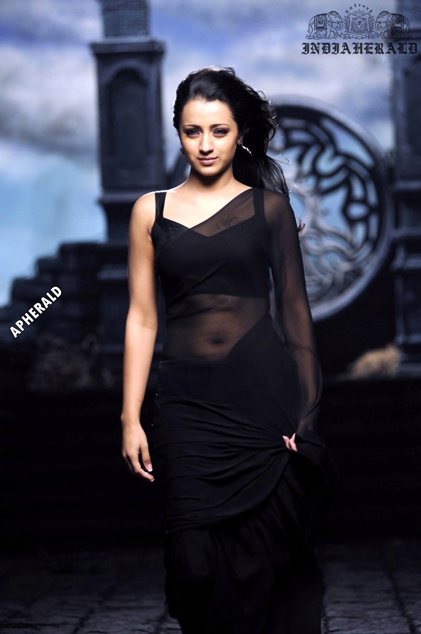 Trisha tempts our mood by exposing her navel and waist in Black transparent saree