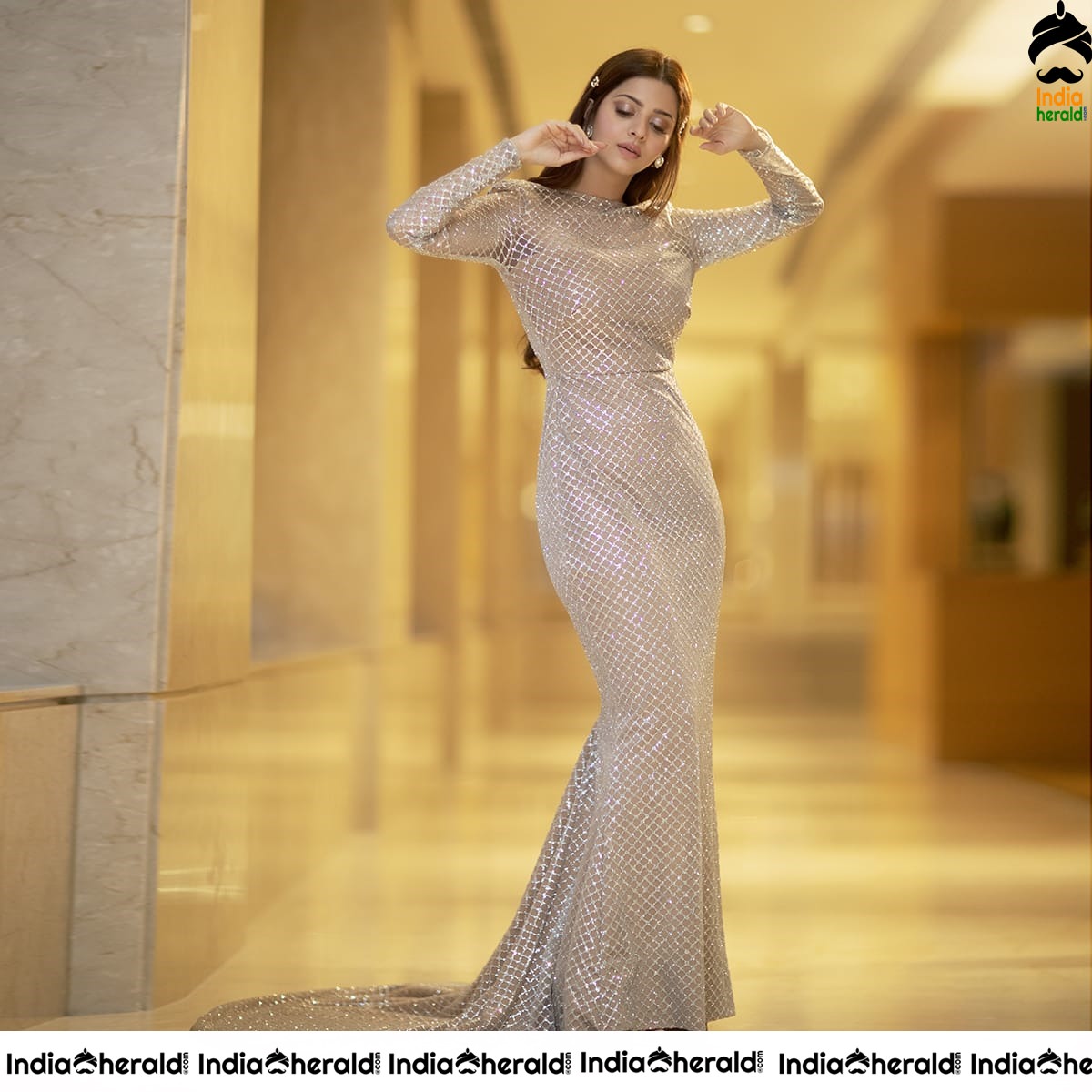 Vedhika Latest Photos in Diamond Cut Long Frock