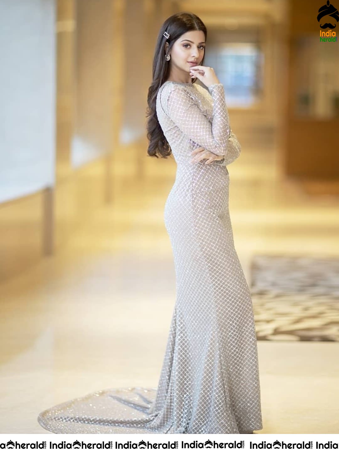 Vedhika Latest Photos in Diamond Cut Long Frock