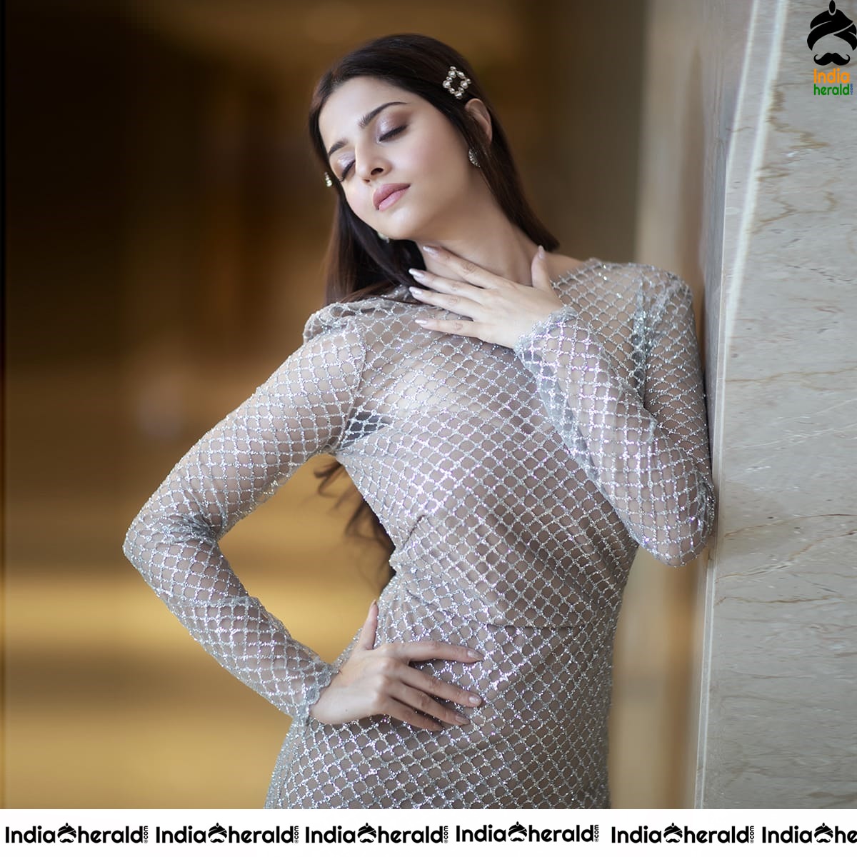 Vedhika Latest Photos in Diamond Cut Long Frock