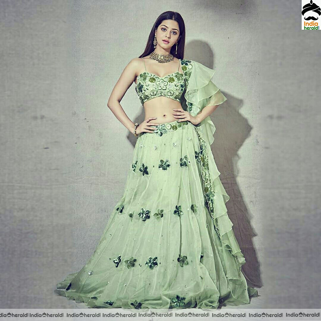 Vedika shows her slim waist in Green choli