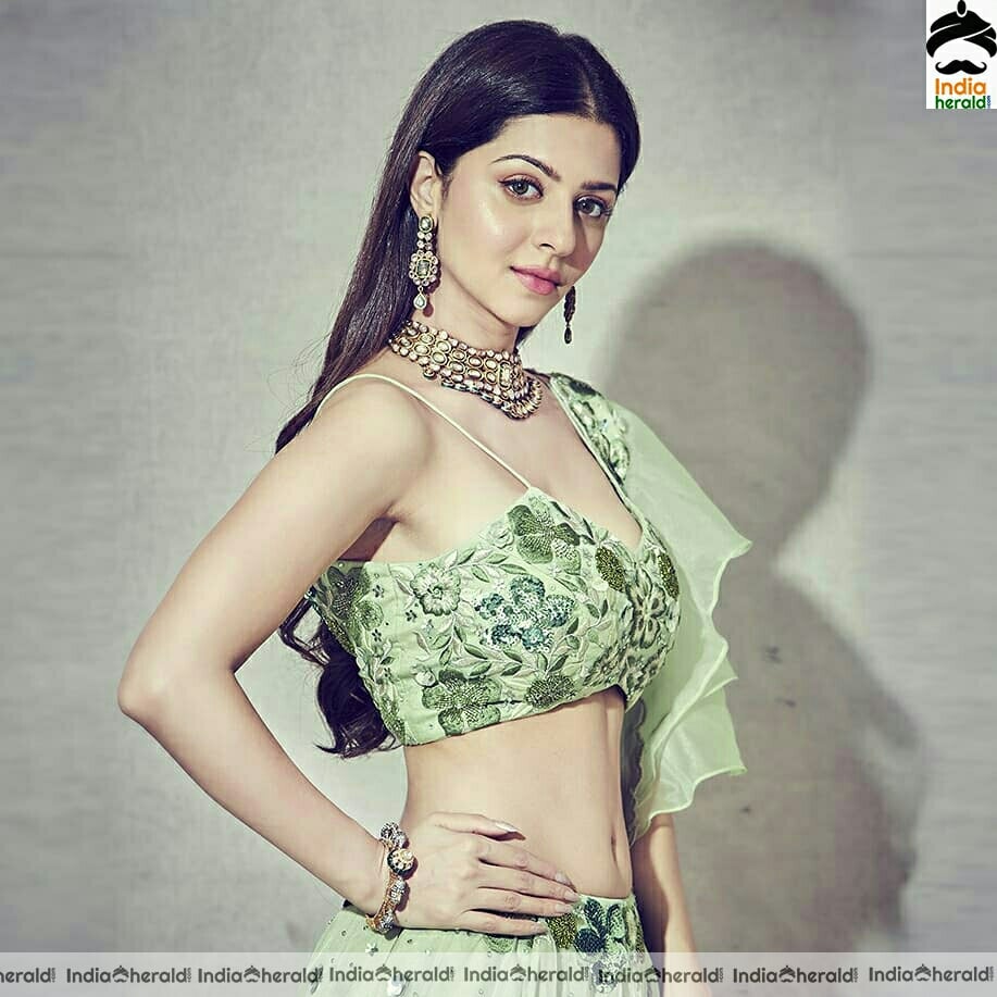 Vedika shows her slim waist in Green choli