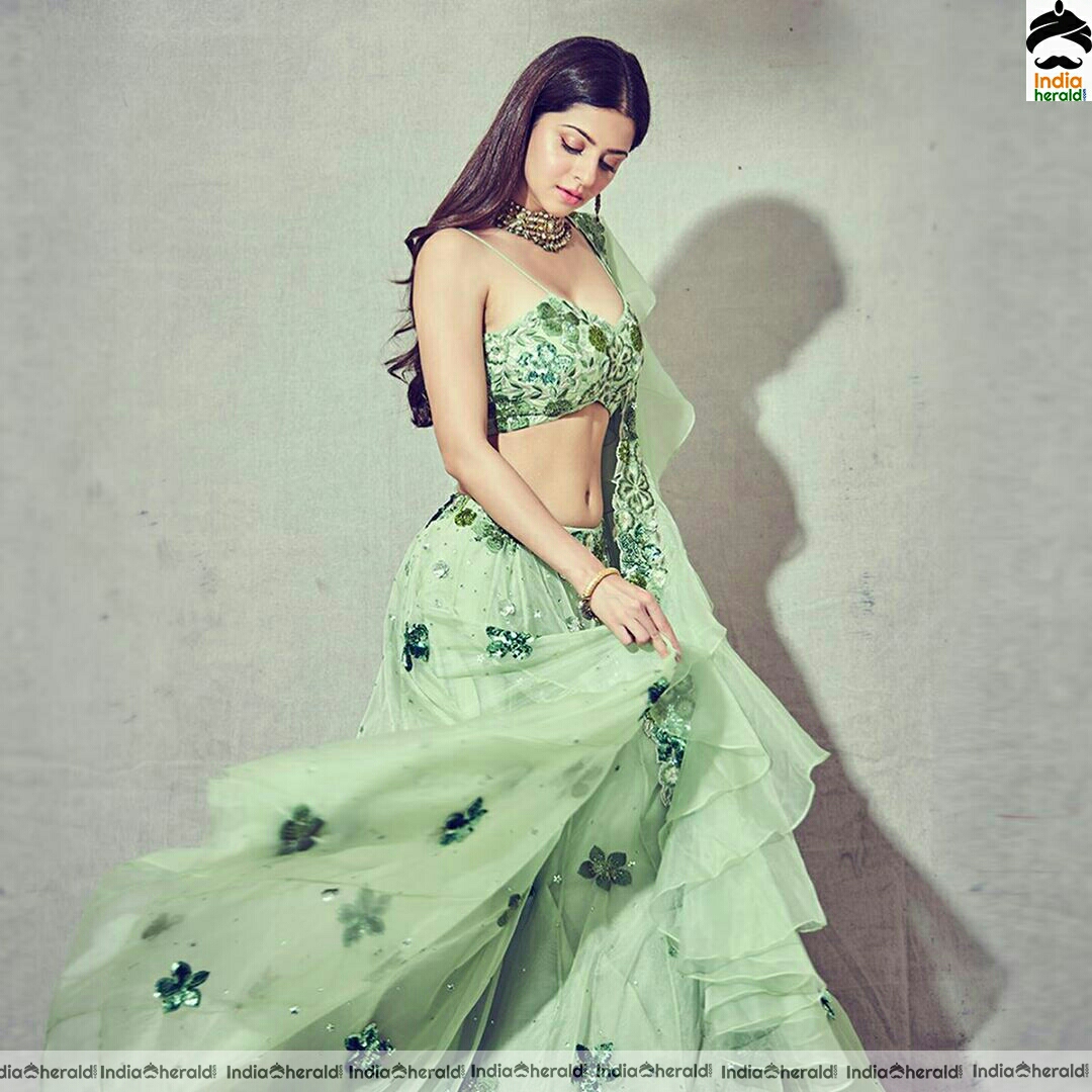 Vedika shows her slim waist in Green choli