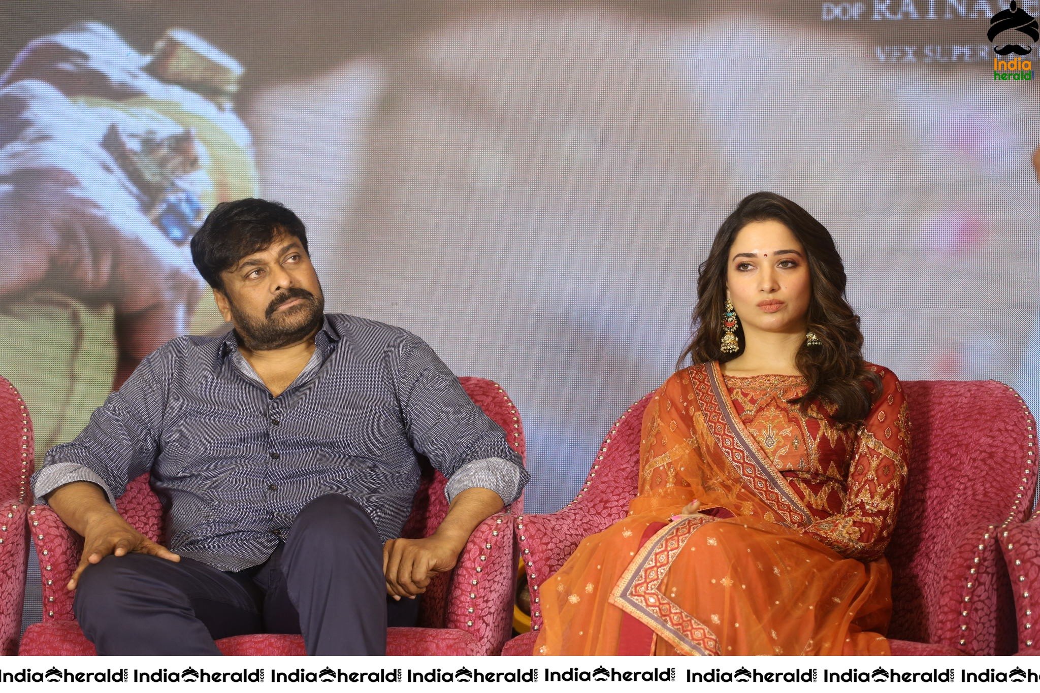 Chiranjeevi Tamanna and Ram Charan from the stage of Sye Raa Thank You Meet Set 1