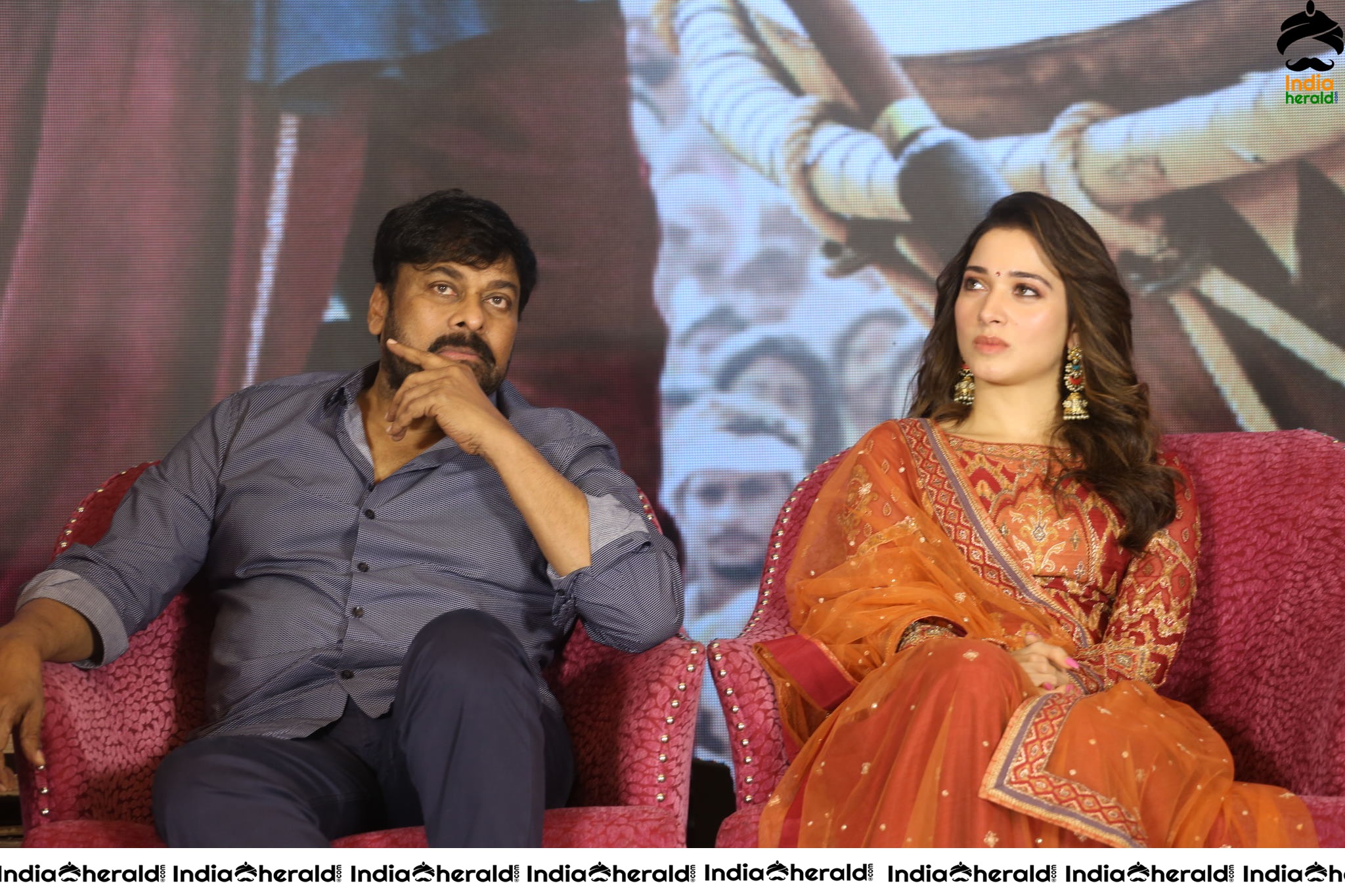 Chiranjeevi Tamanna and Ram Charan from the stage of Sye Raa Thank You Meet Set 2